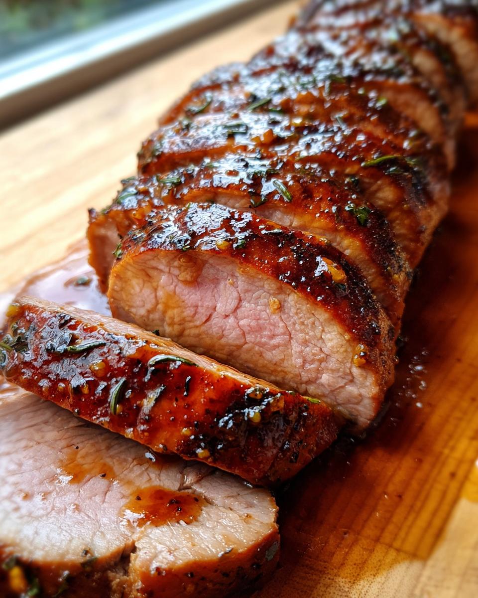 Close-up of sliced maple mustard pork tenderloin, glistening with glaze and herbs on a wooden board.