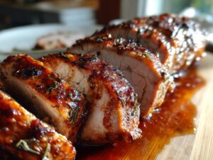 Close-up of sliced maple mustard pork tenderloin, glistening with glaze and herbs.