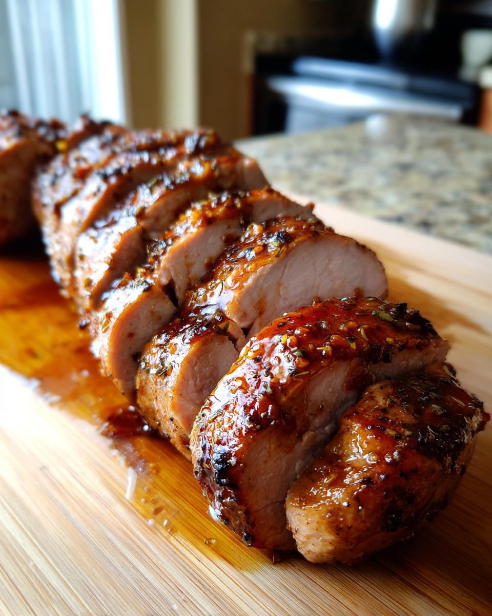 Close-up of sliced maple mustard pork tenderloin on a wooden cutting board, glistening with sauce and herbs.