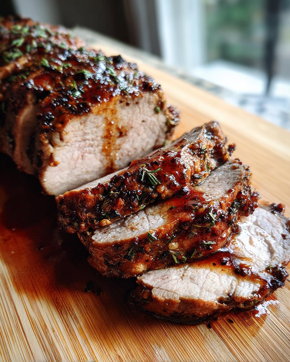 Close-up of sliced maple mustard pork tenderloin, glistening with sauce and herbs, on a wooden cutting board.