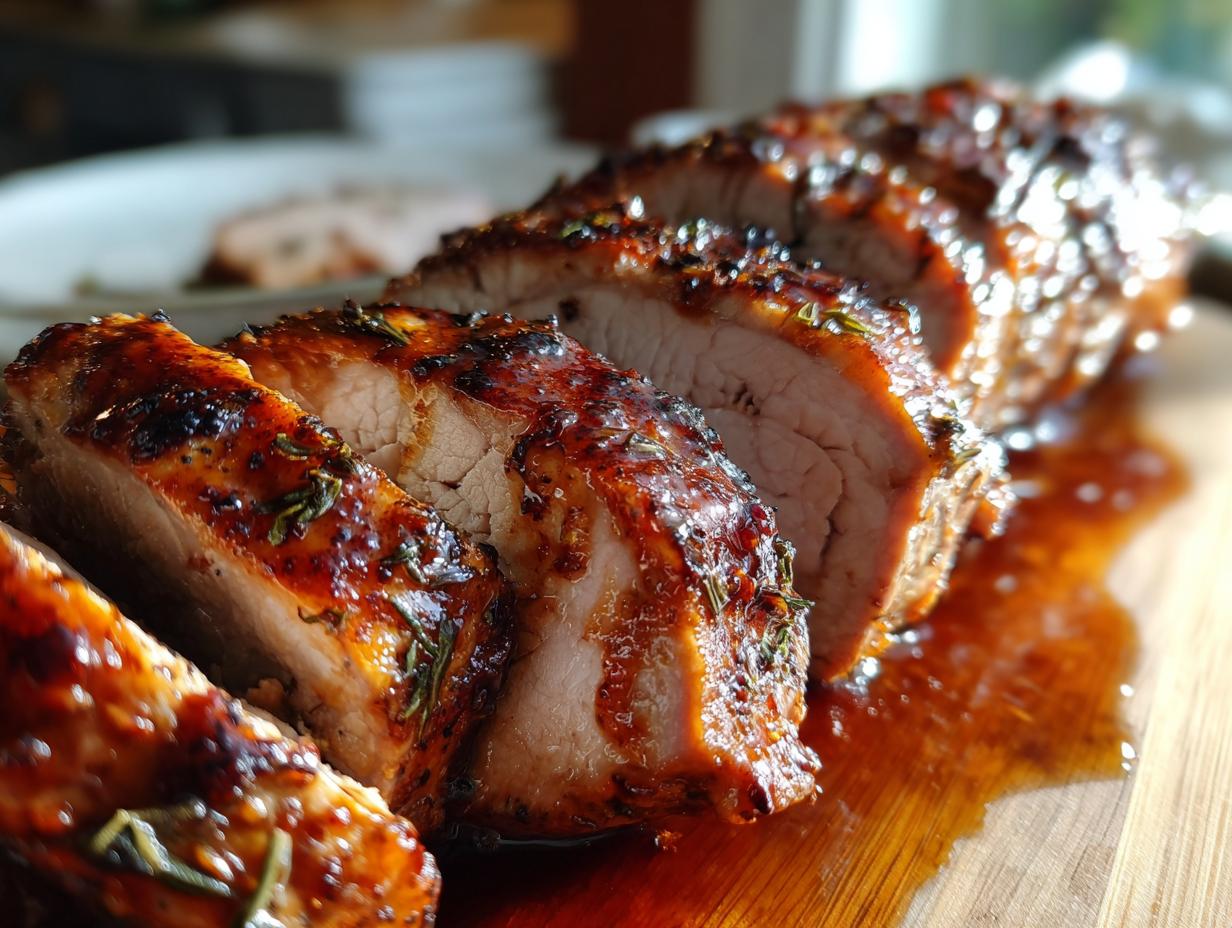 Close-up of sliced maple mustard pork tenderloin, glistening with glaze and herbs.