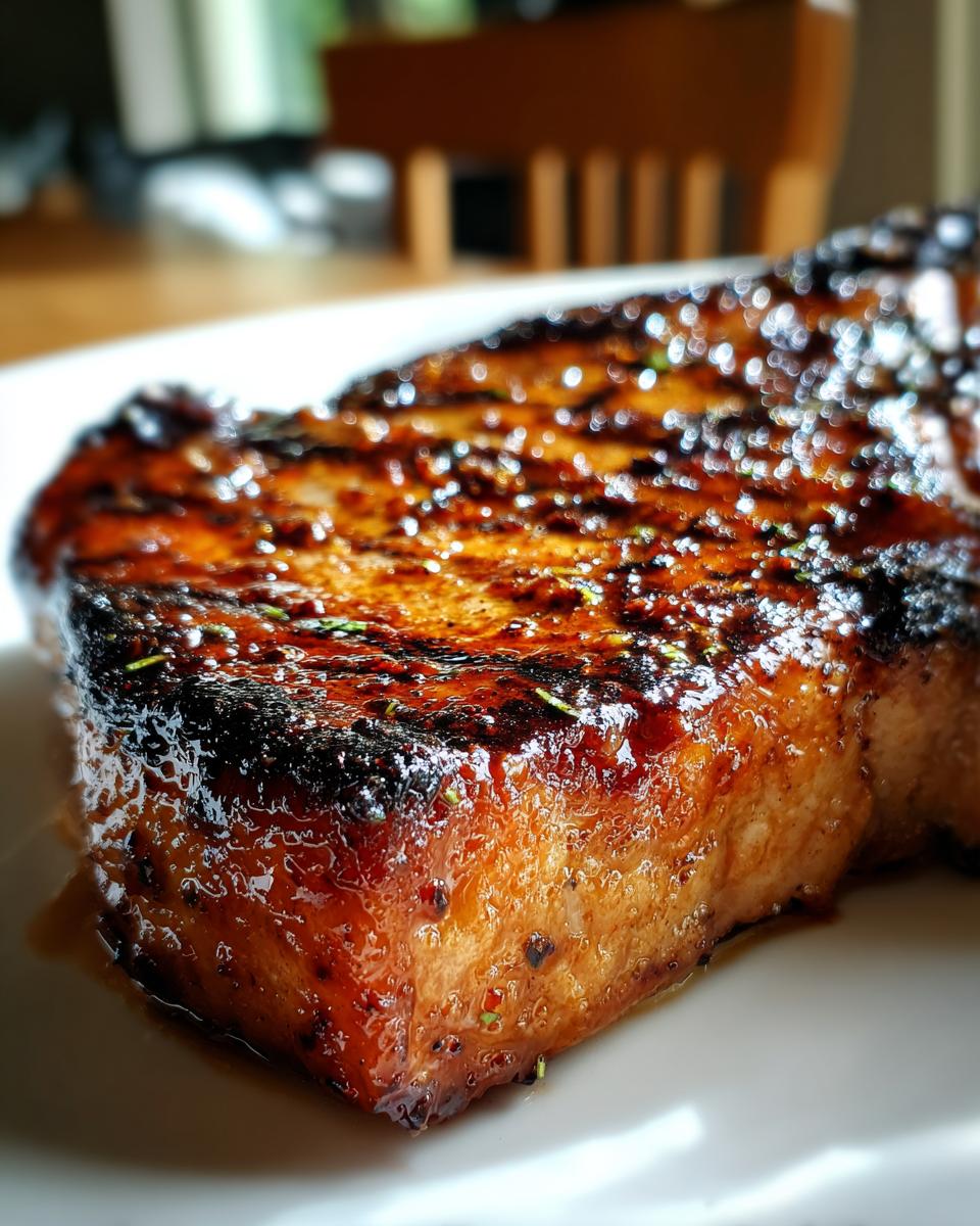 Close-up of a perfectly cooked pork chop, glistening with a rich marinade and herbs.