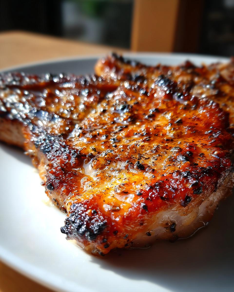 Close-up of a perfectly cooked pork chop, glistening with a savory marinade and spices.