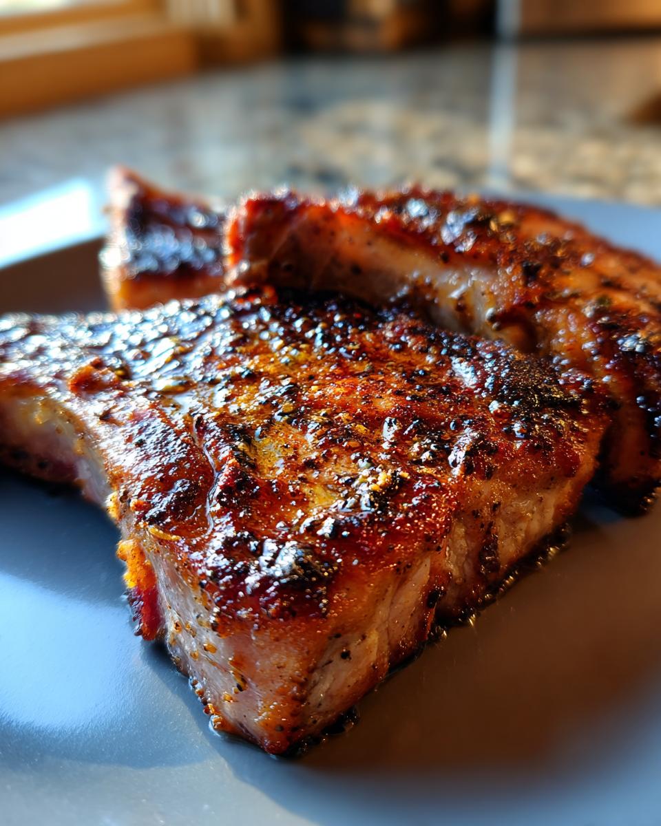 Close-up of two juicy pork chops, coated in a flavorful marinade and spices, on a gray plate.