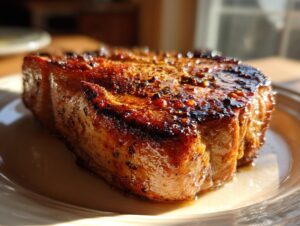 Close-up of a thick, juicy pork chop coated in a glistening marinade, served on a white plate.