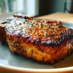 Close-up of a perfectly cooked pork chop, coated in a flavorful marinade with visible herbs and spices.