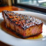 A perfectly cooked tuna steak with a glistening glaze, served on a white plate with its juices.