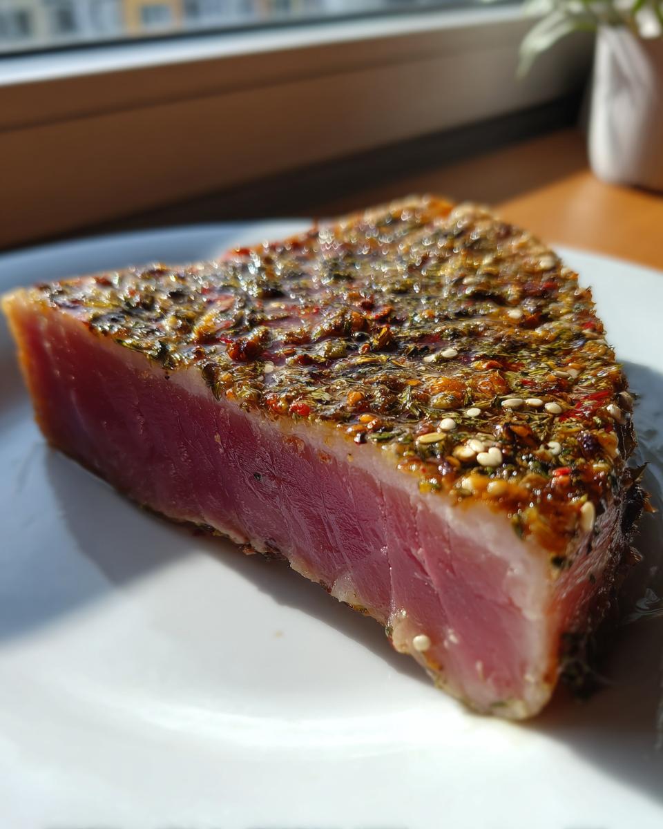 A thick, raw tuna steak coated in a flavorful marinade with herbs and spices, ready for cooking.