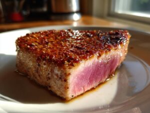 A perfectly seared MARINADE FOR TUNA STEAK with a beautiful pink center, resting on a white plate.