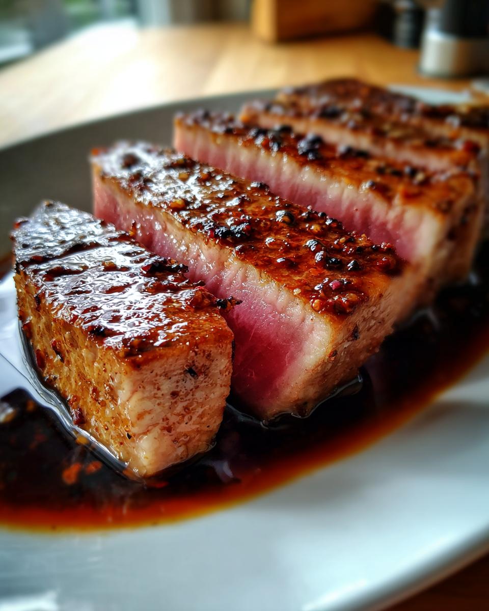 Close-up of perfectly seared tuna steak slices coated in a glossy marinade.