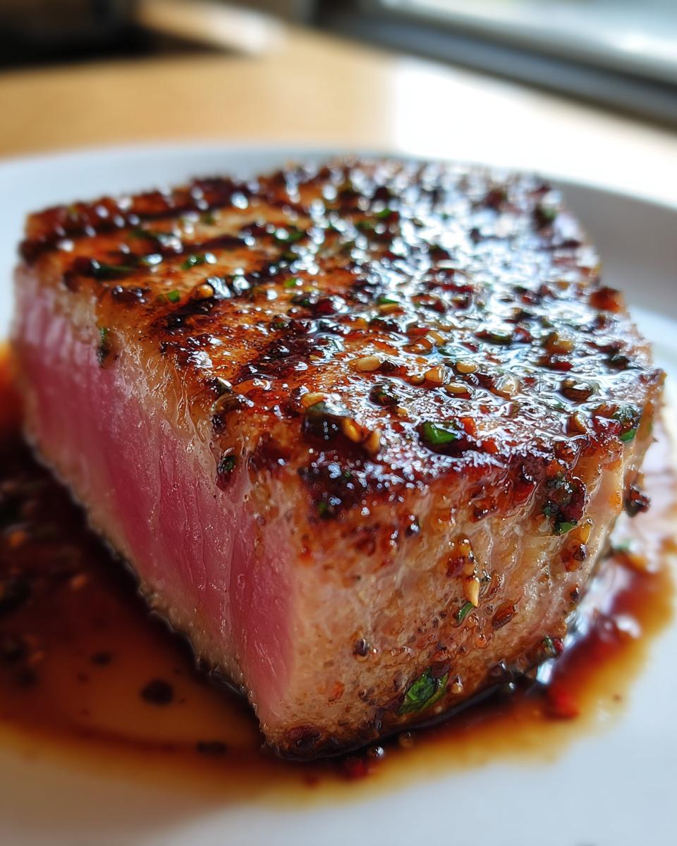 Close-up of a perfectly cooked MARINADE FOR TUNA STEAK, seared and glazed with a rich sauce.
