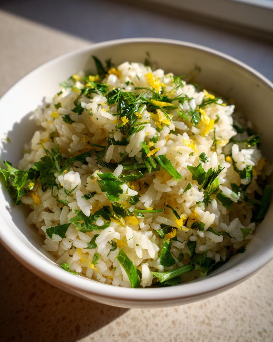 A close-up of a bowl of Mediterranean lemon rice, garnished with fresh parsley, dill, and lemon zest.