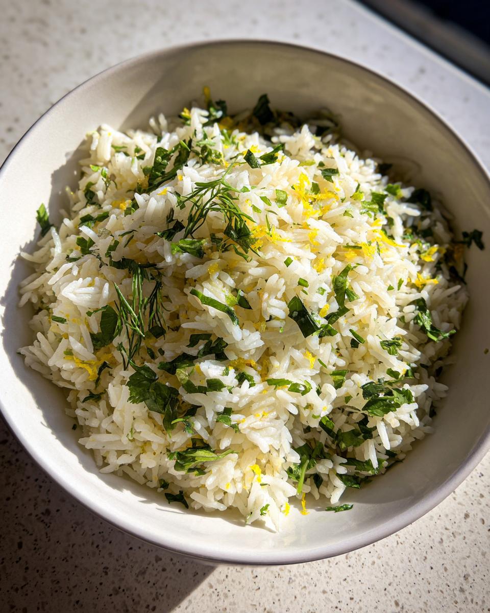 A close-up overhead view of a bowl filled with fluffy Mediterranean lemon rice, garnished with fresh parsley, dill, and lemon zest.