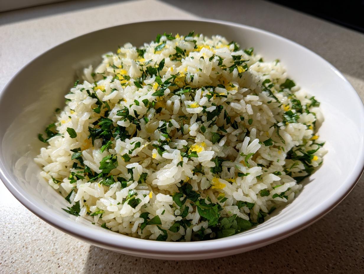 A white bowl filled with fluffy Mediterranean lemon rice, garnished with fresh parsley and lemon zest.