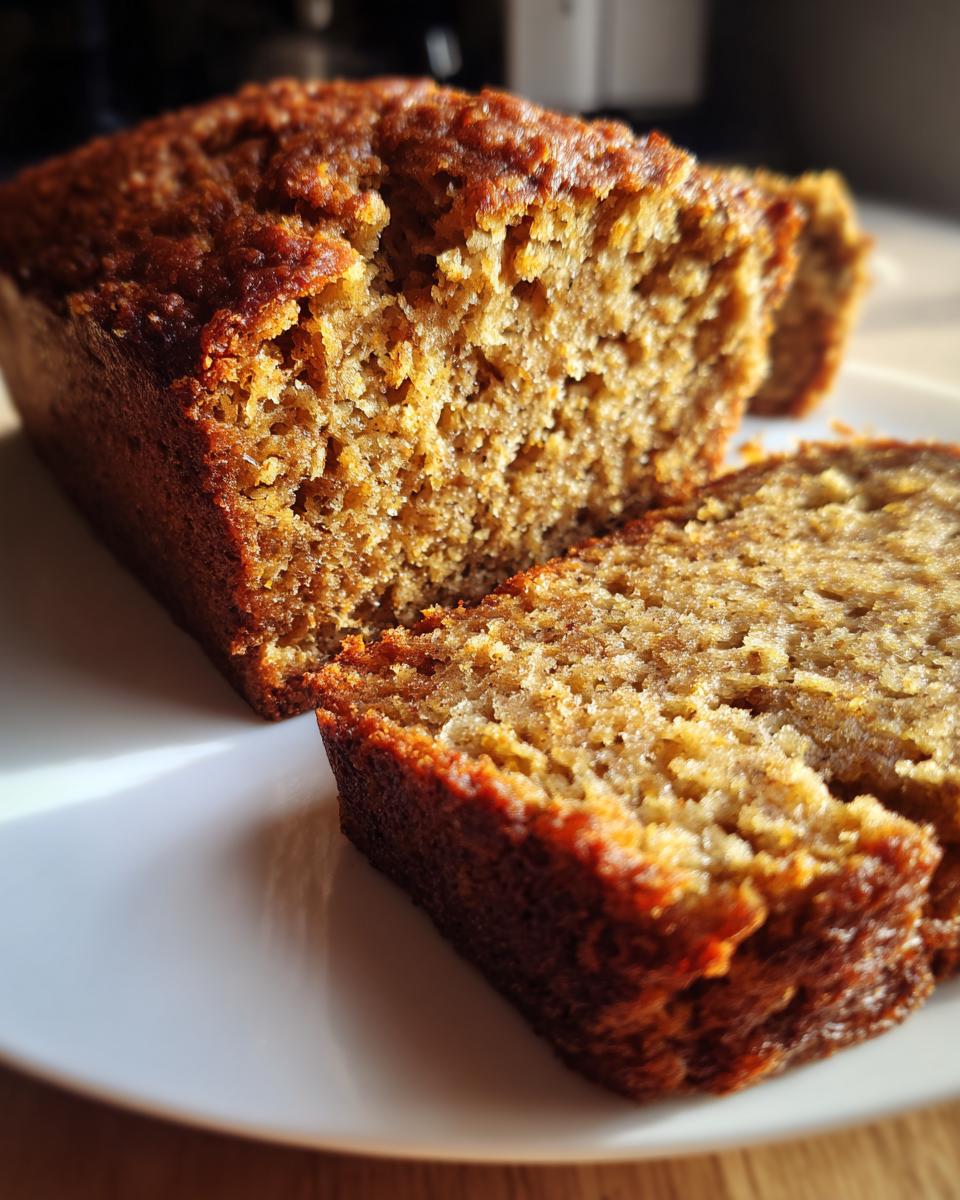 Close-up of a moist banana bread loaf, with two slices cut and resting on a white plate.