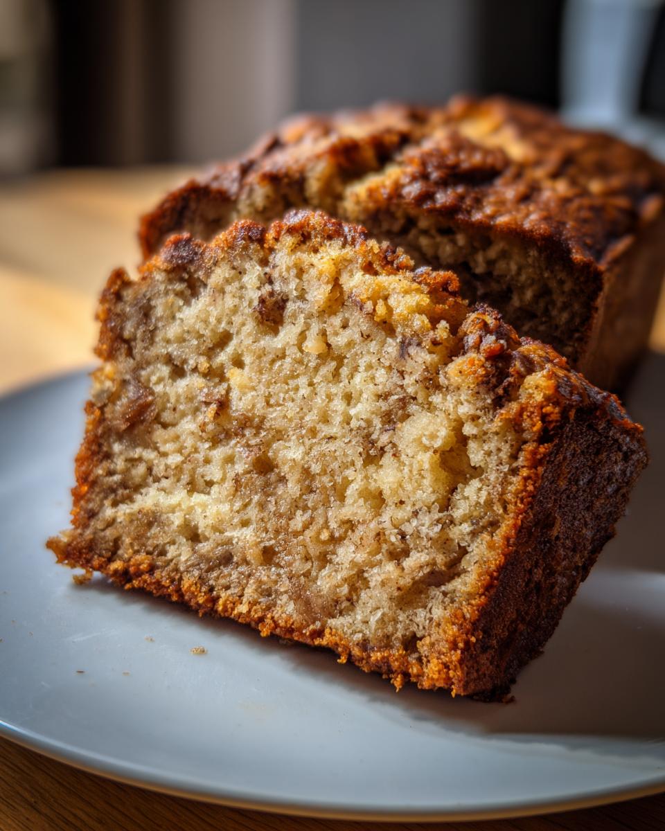 Close-up of a moist banana bread slice on a plate, showing its texture and golden-brown crust.