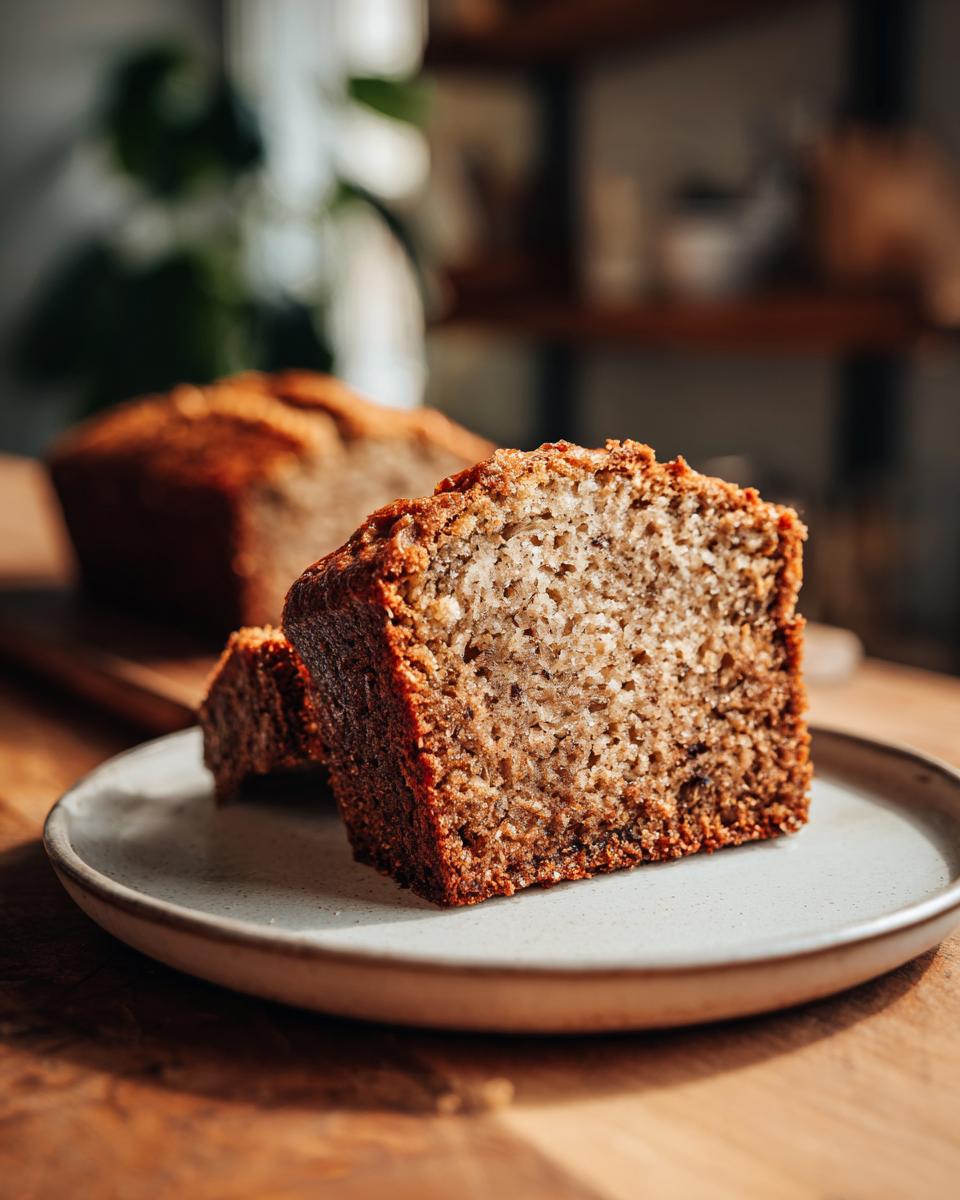 Close-up of a moist slice of banana bread on a plate, with another slice and loaf in the background.