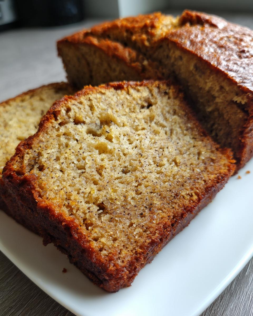 Close-up of moist banana bread slices on a white plate, showcasing the texture and golden-brown crust.