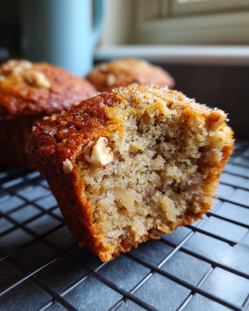 Close-up of a moist banana nut muffin with a bite taken out, showing walnuts and a fluffy interior.