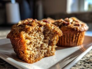 Close-up of a moist banana nut muffin with a bite taken out, showing the crumb and nuts.