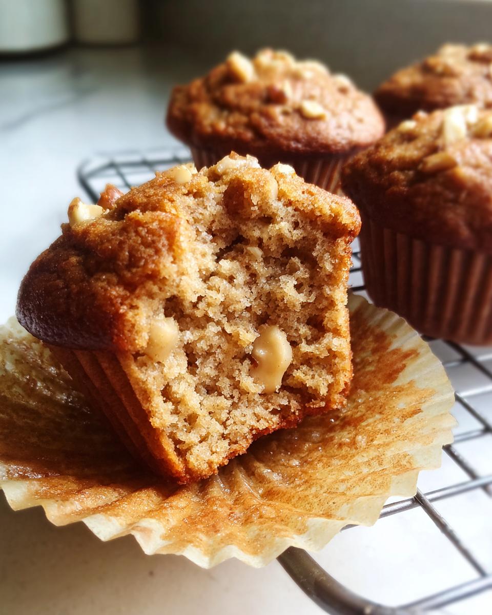 Close-up of a moist banana nut muffin, with a bite taken out, showing the fluffy texture and nuts inside.