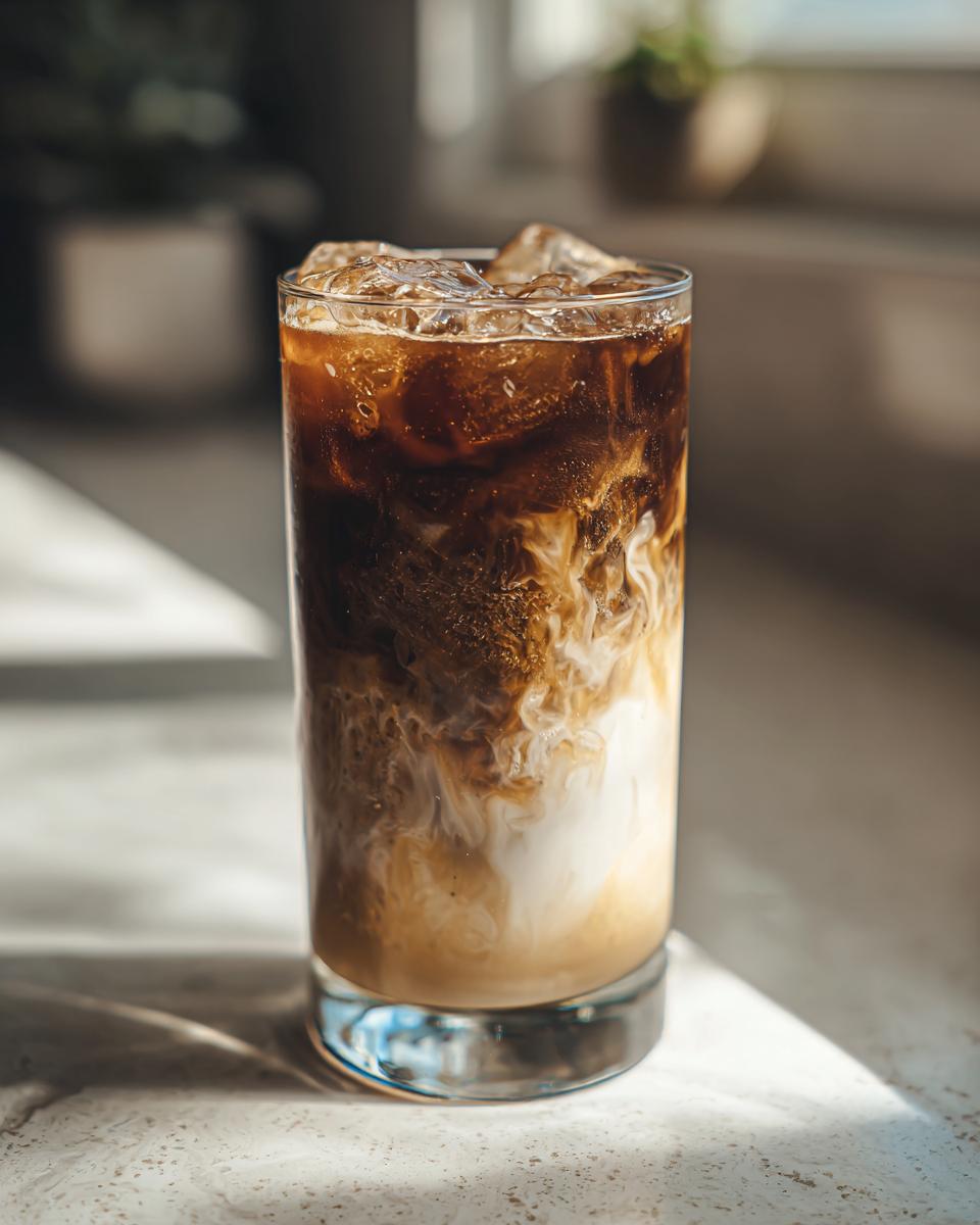 A tall glass filled with New Orleans iced coffee, featuring ice, dark coffee, and swirling cream.