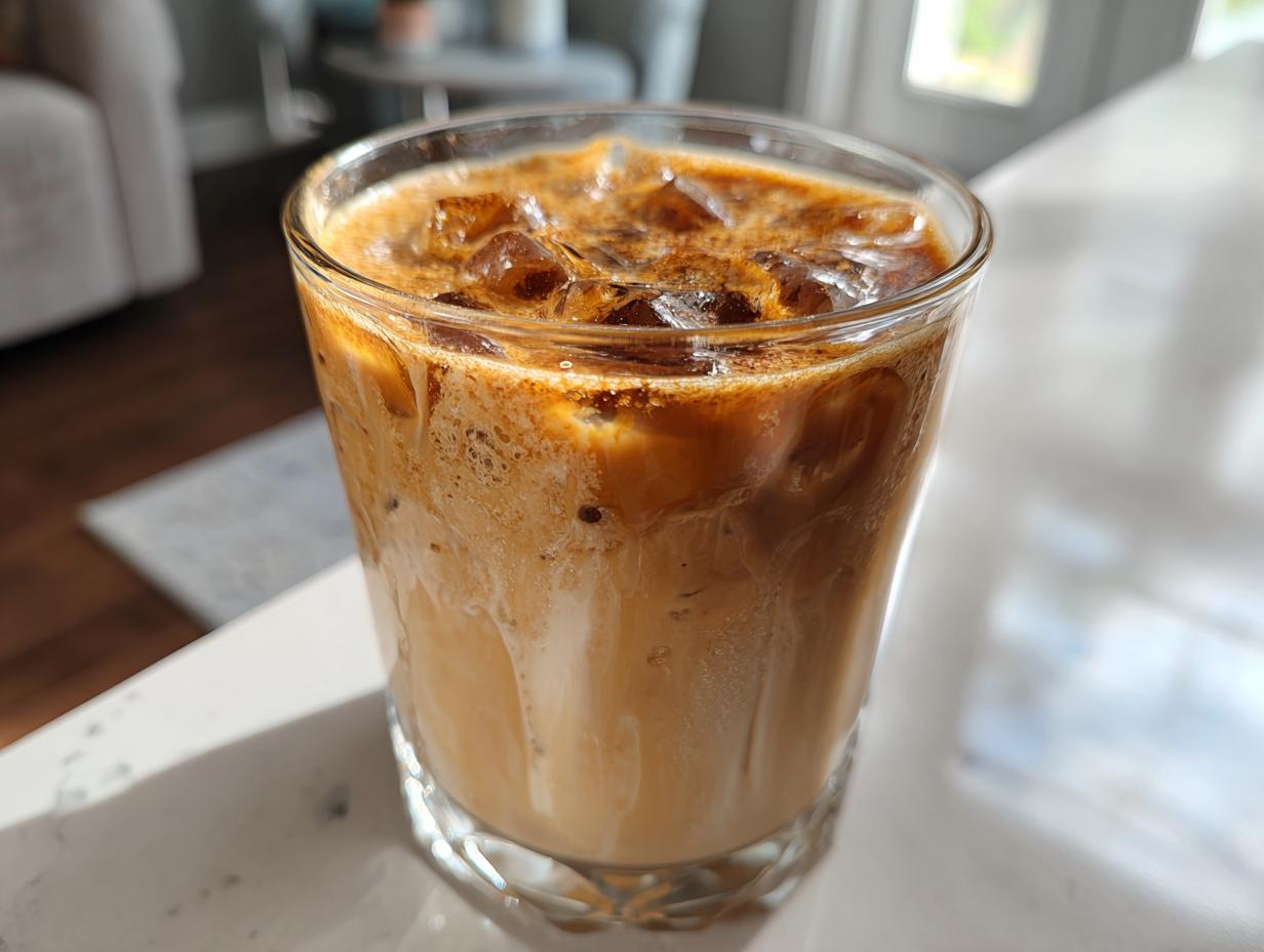 Close-up of a tall glass filled with New Orleans iced coffee, ice cubes, and creamy foam.