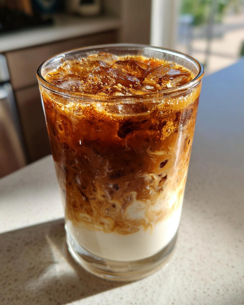 Close-up of a glass filled with New Orleans iced coffee, showing layers of cream, coffee, and ice.