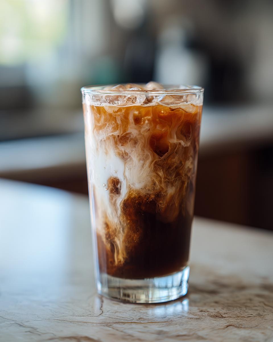 A tall glass filled with New Orleans iced coffee, showing swirls of cream mixing with dark coffee and ice.