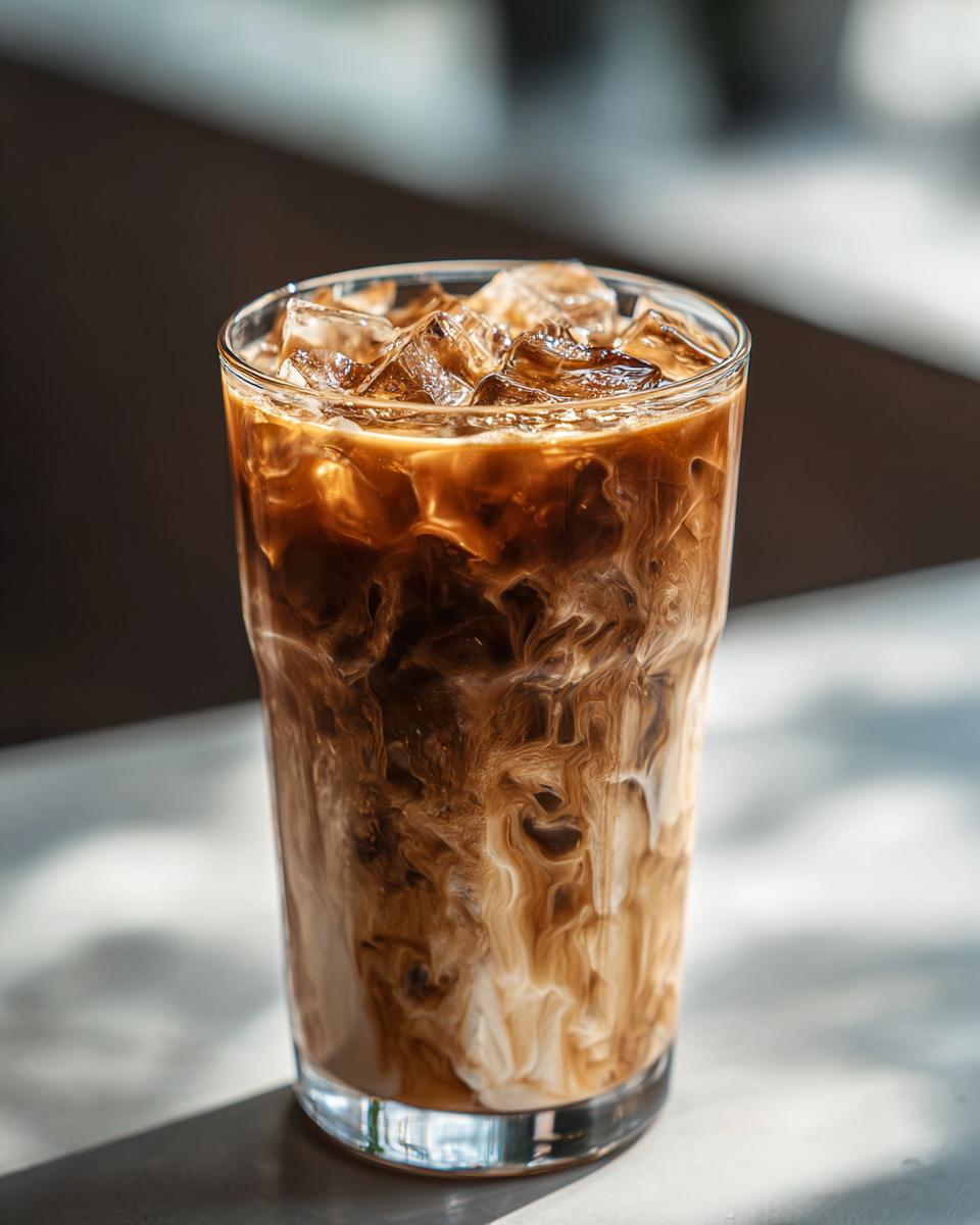 A tall glass of New Orleans iced coffee with ice cubes and swirling cream, creating a beautiful marbled effect.