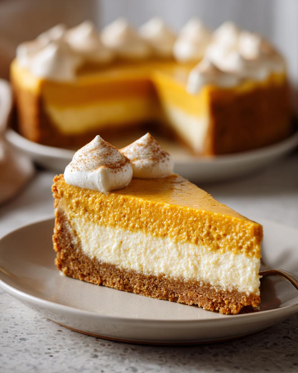 A slice of no bake pumpkin cheesecake with layers of pumpkin, cream cheese, and graham cracker crust, topped with whipped cream.