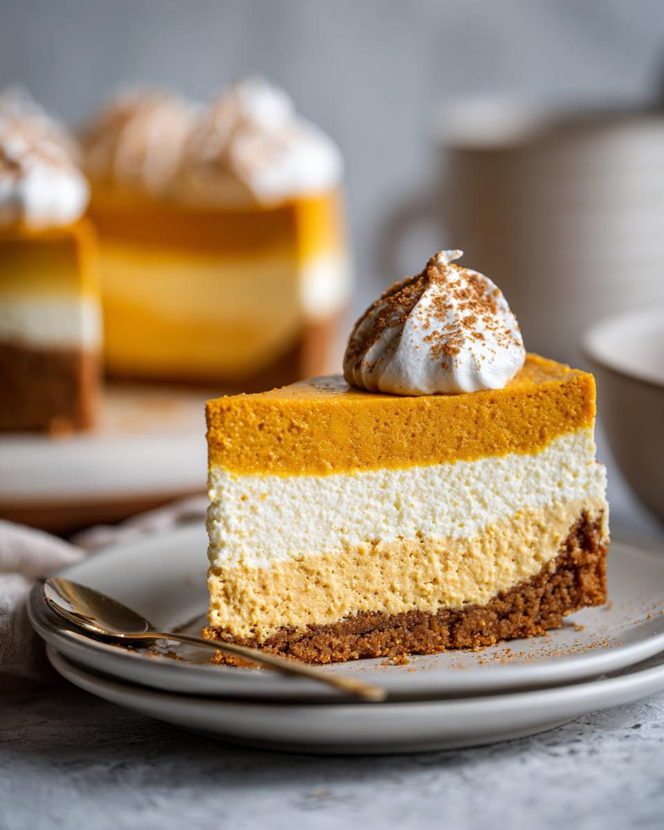 A slice of no bake pumpkin cheesecake with layers of pumpkin, cream, and crust, topped with whipped cream and cinnamon.