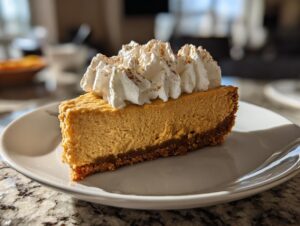 A perfect slice of no bake pumpkin cheesecake topped with whipped cream and a sprinkle of cinnamon.