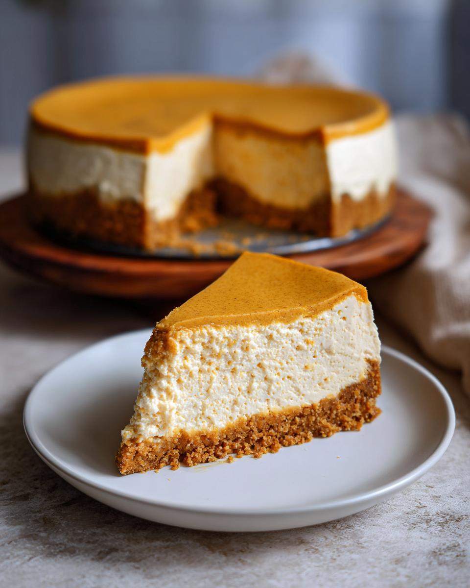 A perfect slice of no bake pumpkin cheesecake on a white plate, showcasing its creamy filling and graham cracker crust.