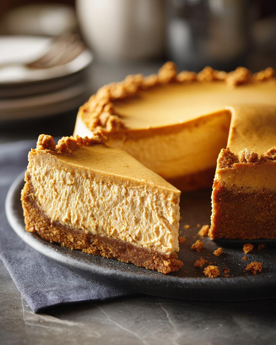 A slice of creamy no bake pumpkin cheesecake with a graham cracker crust on a dark plate.