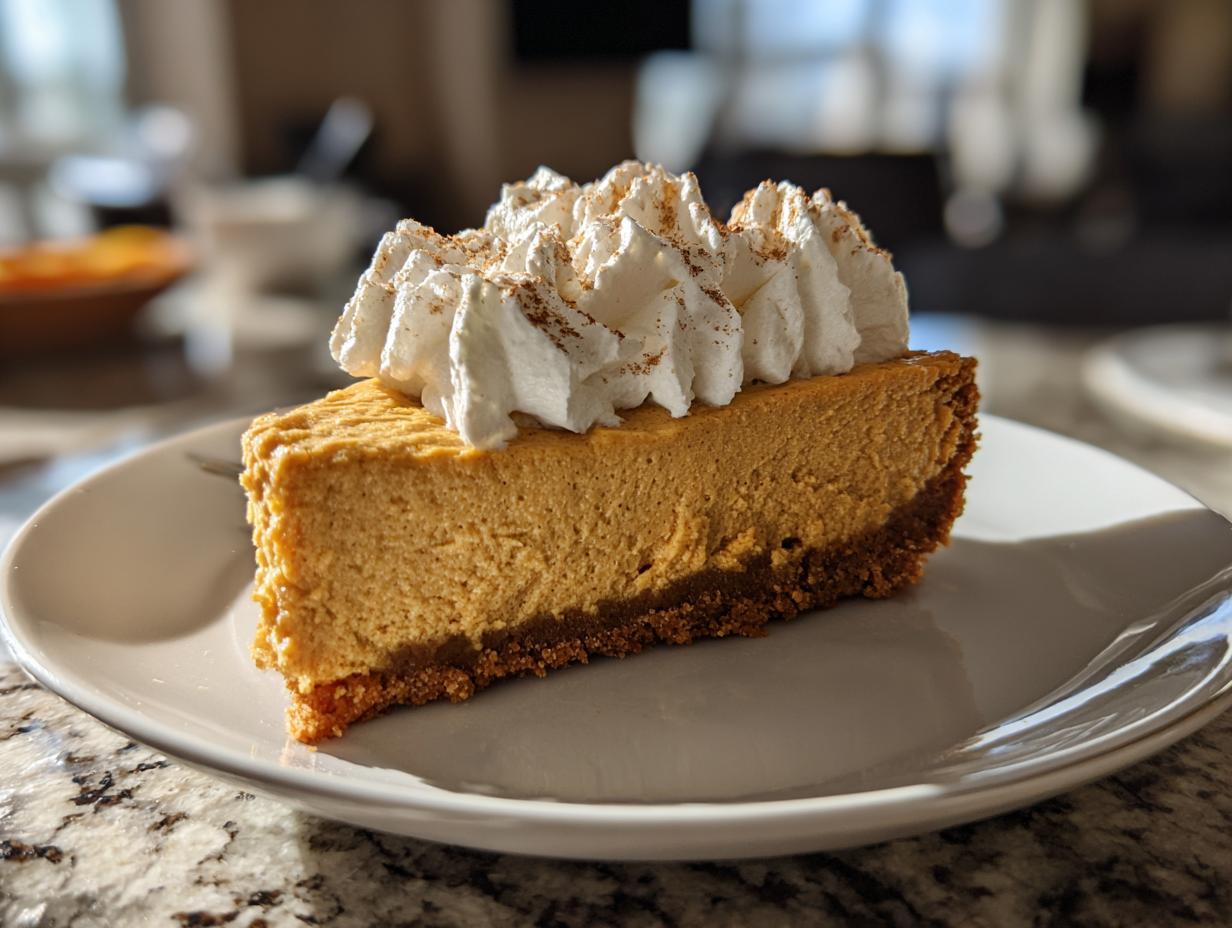 A perfect slice of no bake pumpkin cheesecake topped with whipped cream and a sprinkle of cinnamon.