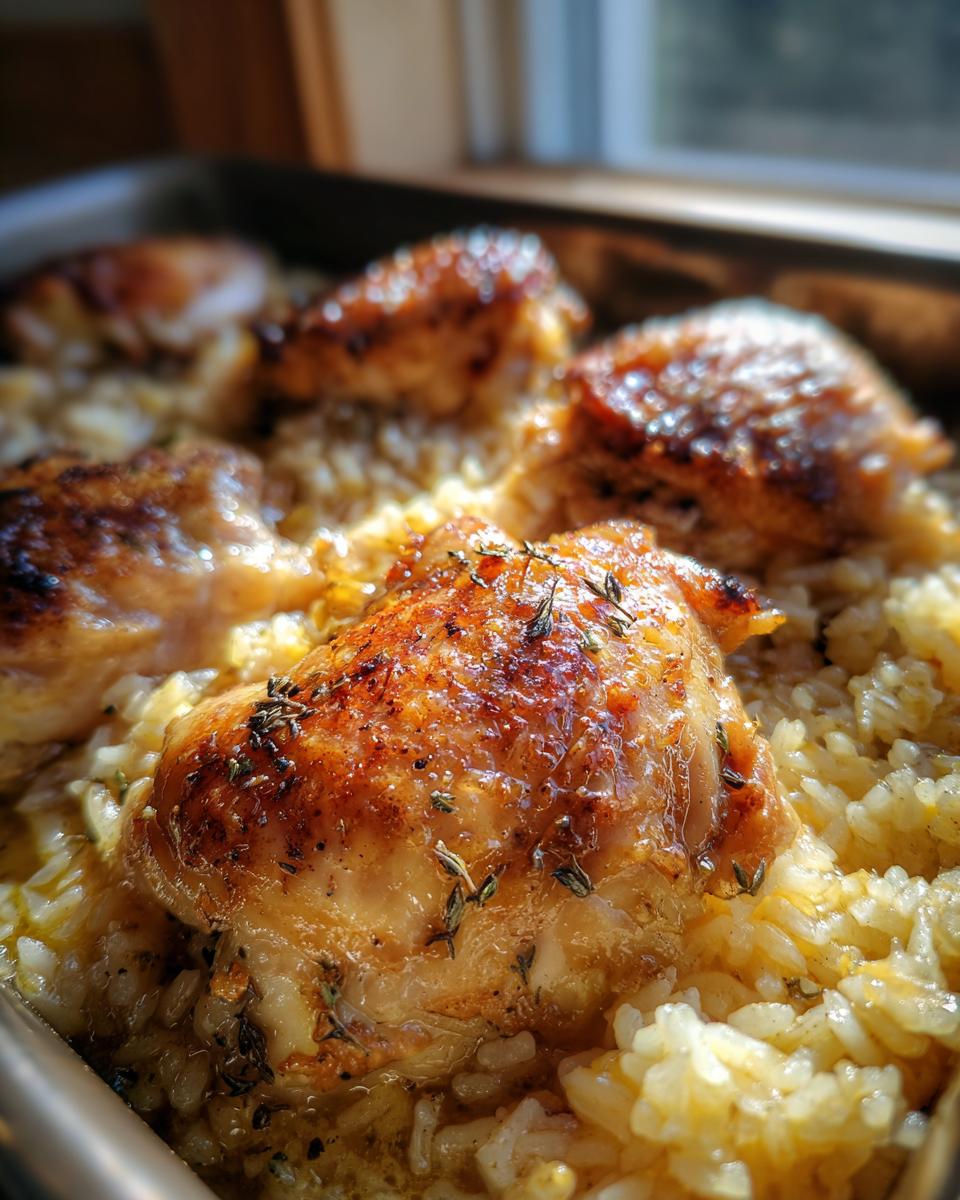 Close-up of golden brown chicken thighs baked with fluffy rice in a casserole dish, a dish of no peek chicken and rice.