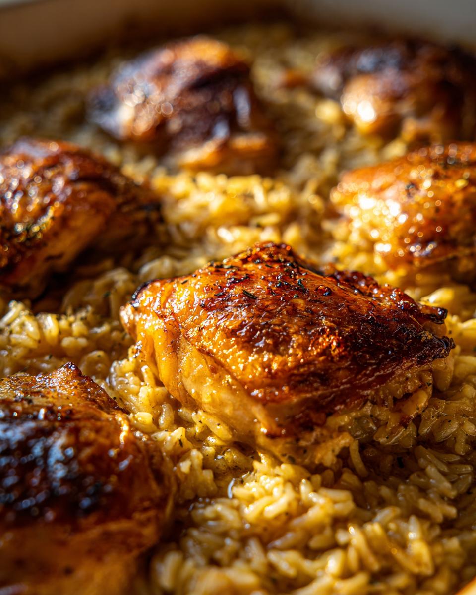 Close-up of perfectly cooked no peek chicken and rice, with golden brown chicken thighs nestled in fluffy rice.