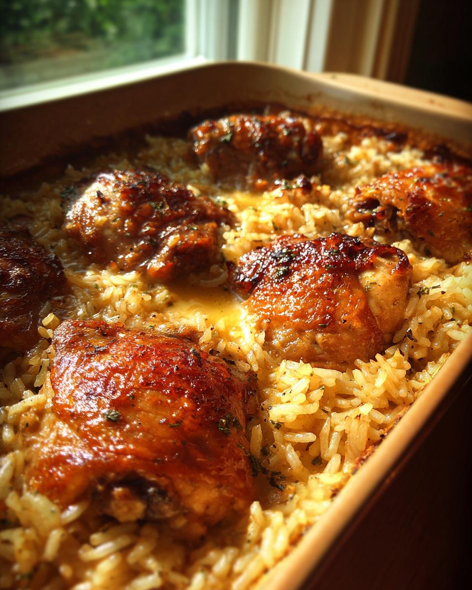 Close-up of baked no peek chicken and rice in a casserole dish, with golden brown chicken pieces nestled in fluffy rice.