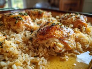 Close-up of baked no peek chicken and rice casserole with golden brown chicken pieces and fluffy rice.