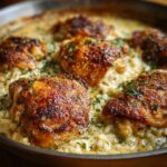 Close-up of golden brown no peek chicken thighs nestled in creamy rice, garnished with parsley.