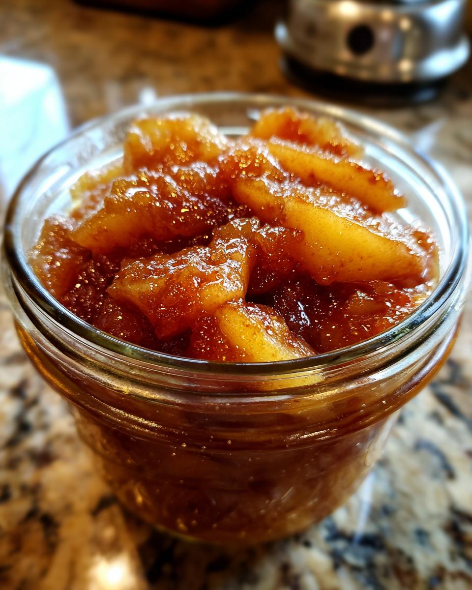 Close-up of a glass jar filled with glistening old-fashioned pear preserves, showing chunks of pear in a rich syrup.