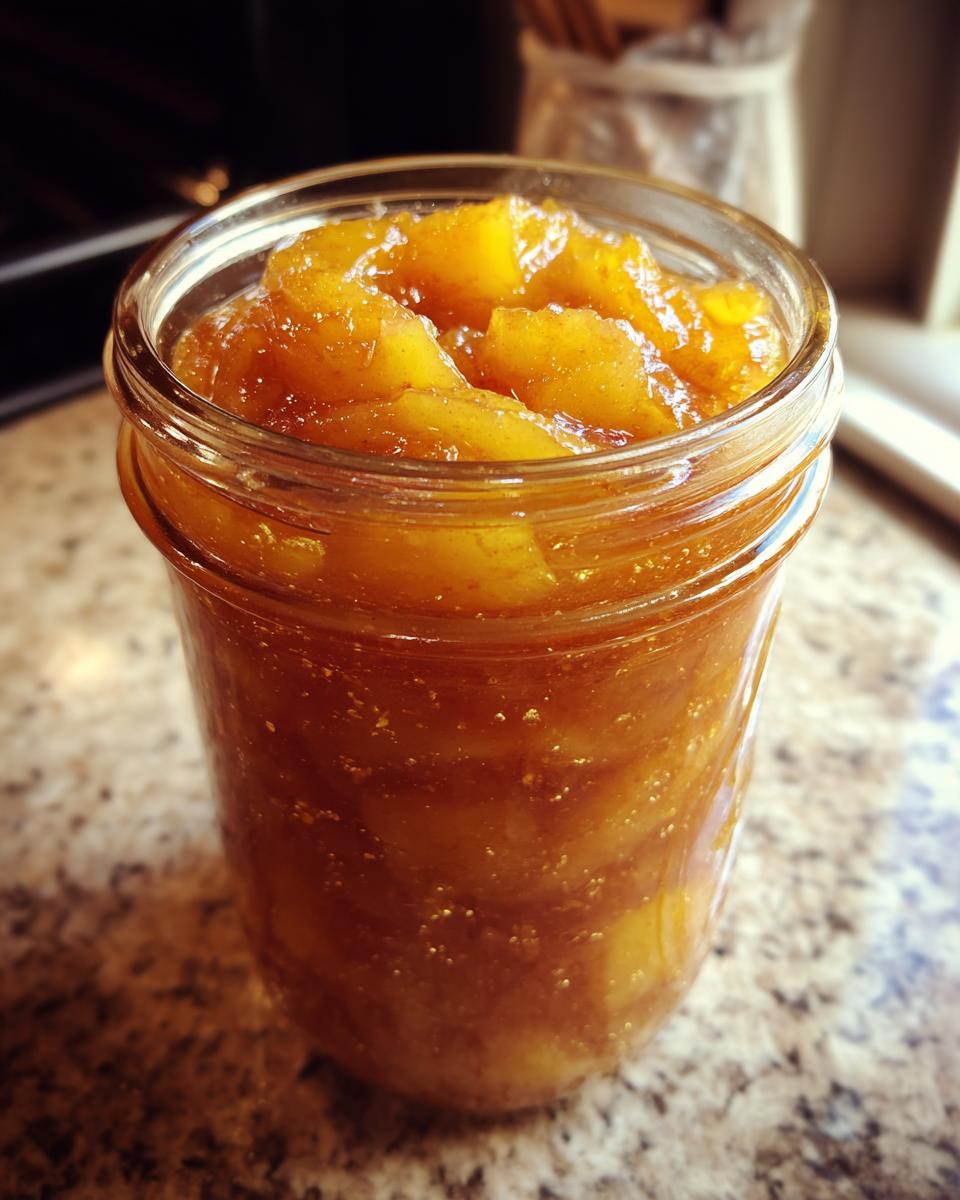 Close-up of a glass jar filled with glistening old-fashioned pear preserves.