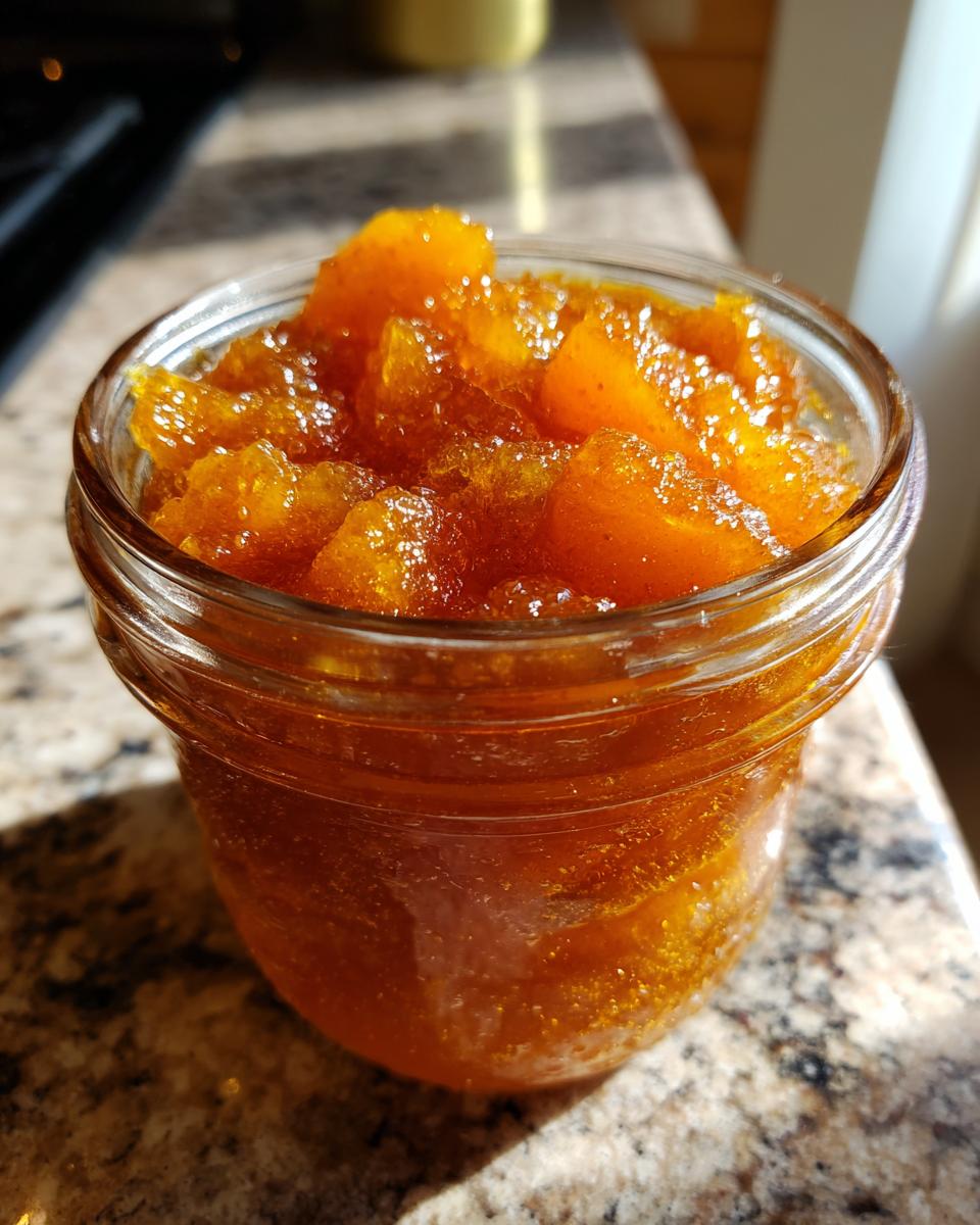 A close-up shot of a glass jar filled with glistening, chunky old-fashioned pear preserves.