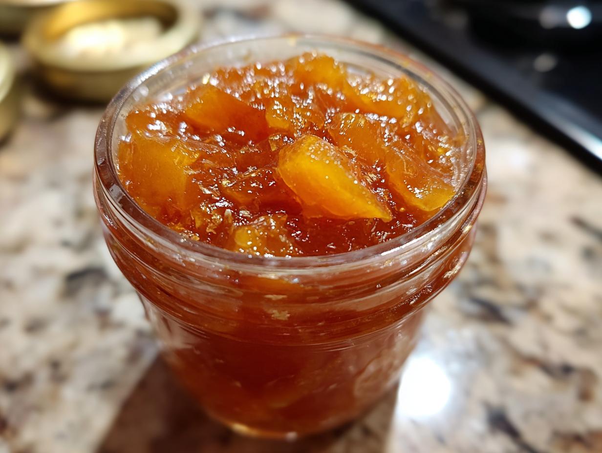 Close-up of a glass jar filled with glistening, amber-colored old-fashioned pear preserves.