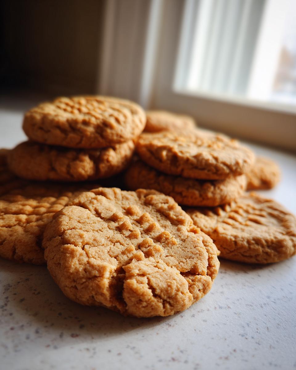 A close-up of a stack of perfect peanut butter cookies with classic fork marks.