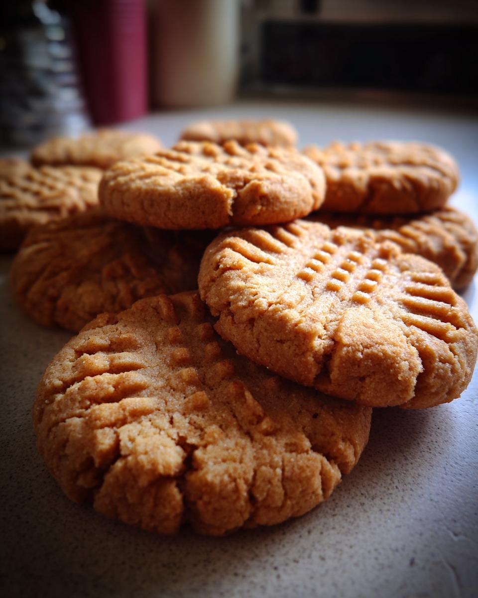 A close-up stack of freshly baked peanut butter cookies with classic fork marks.