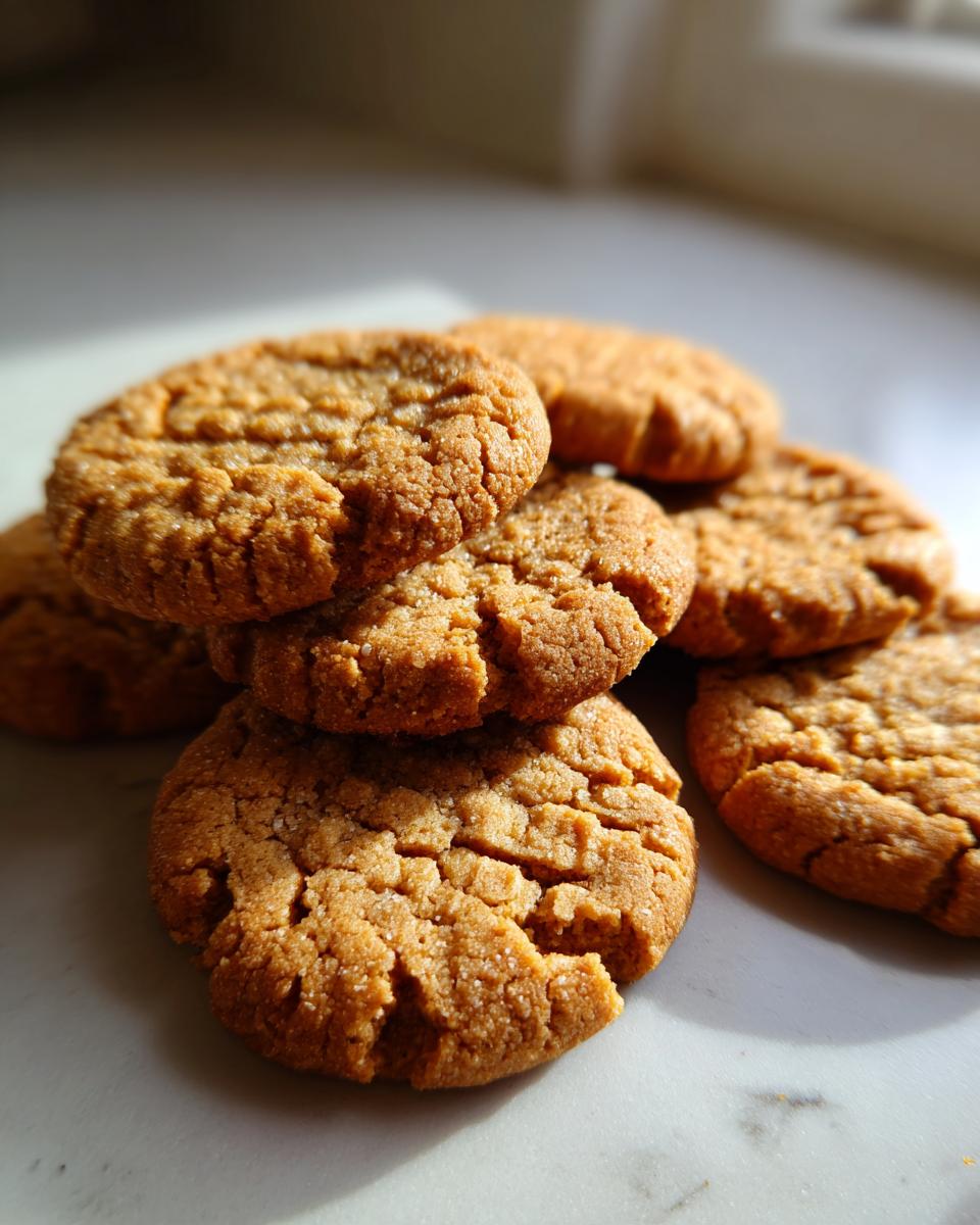 A close-up stack of perfectly baked peanut butter cookies with a classic criss-cross pattern.