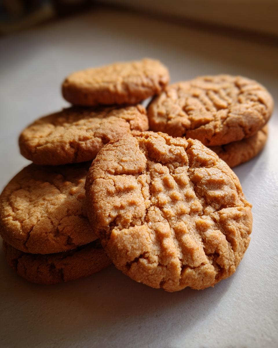 A close-up, stacked pile of freshly baked peanut butter cookies with classic fork marks.