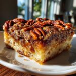 A close-up of a slice of pecan pie dump cake on a white plate, showcasing a gooey caramel filling and whole pecans on top.